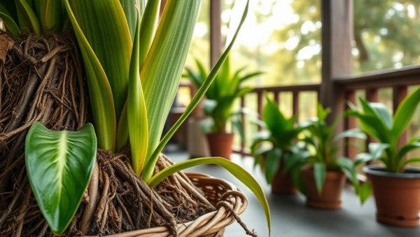 Repotting snake plant with healthy roots and vibrant leaves in pots.
