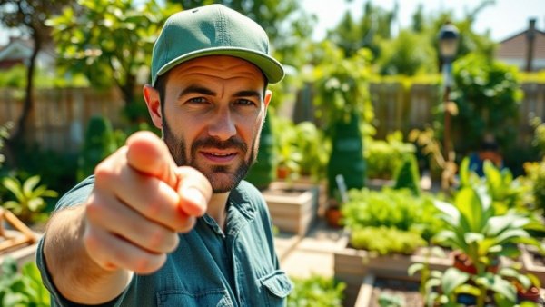 Man discussing urban gardening solutions in small garden area.