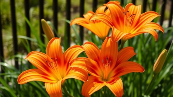 Vibrant orange daylilies in balcony setting for hardy perennials gardening.