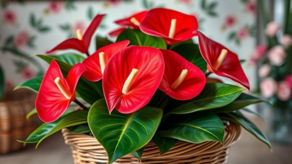 Vibrant anthurium flowers in a basket, suitable for low-light conditions.