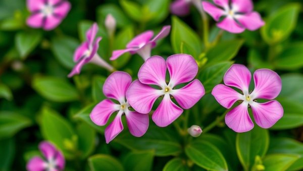 Vibrant pink periwinkle flowers against lush green leaves for balcony bliss.