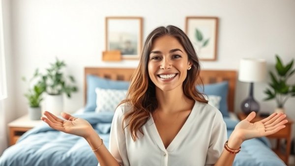 Budget-friendly bedroom makeover with blue bedding and wood accents.