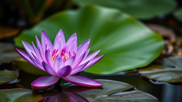 Vibrant purple water lily blooming in a pond, fascinating flowers that open and close every day.
