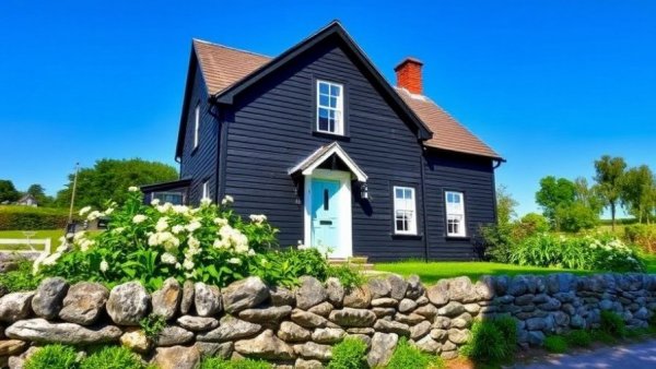 Charming dark-painted house with light blue door in garden setting.