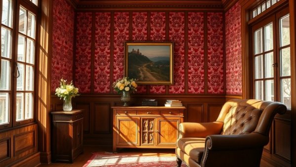 Vintage wallpaper for small spaces with red damask pattern.