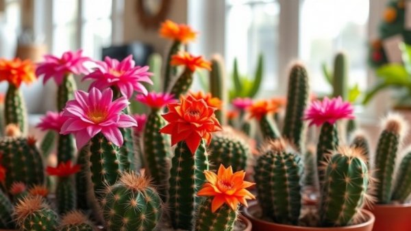 Vibrant Christmas cactus colors in indoor sunlight display.