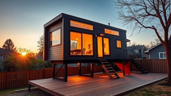 $19K tiny house with wooden deck at sunset in a suburban setting.