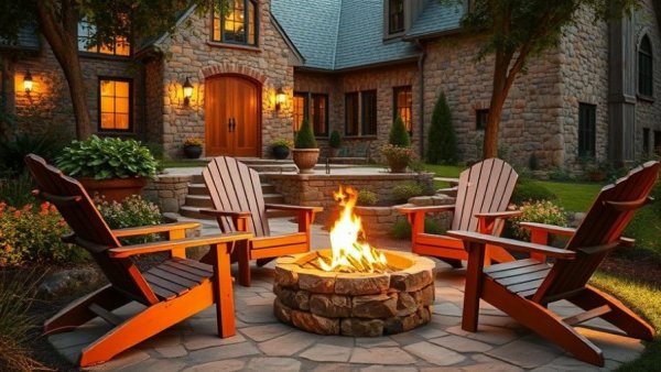Rustic patio with Adirondack chairs and fire pit for early Black Friday patio furniture deals.