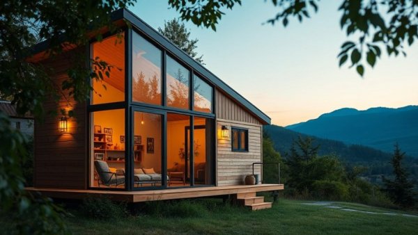 Eco-friendly Amazon tiny home with insulation, evening setting.