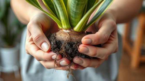 Close-up of snake plant roots care with hands involved.