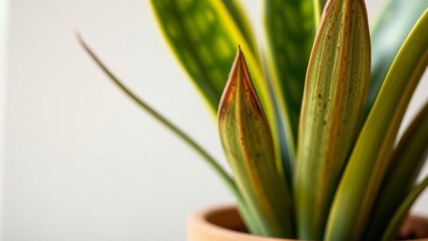 Snake plant with brown tips needs care in indoor pot.