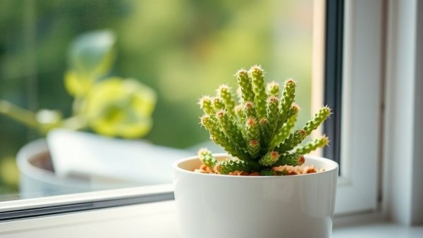 Young Christmas cactus in a white pot on a windowsill
