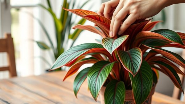 Hand trimming Calathea plant leaves on wooden table indoors, tips for growing a bushier Calathea.