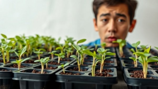 Seedlings indoors with person looking confused.