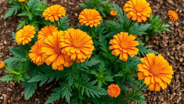 Vibrant marigold flowers blooming in a well-maintained garden bed.