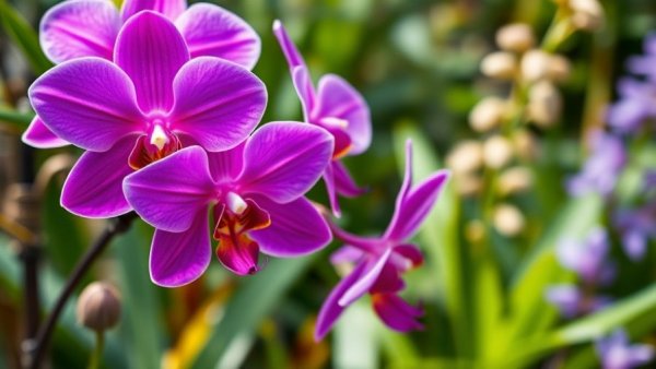 Close-up of purple and violet orchids in natural setting.