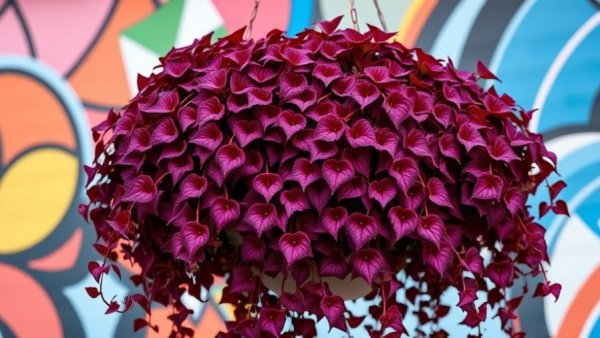 Vibrant burgundy purple inch plant varieties in hanging basket.