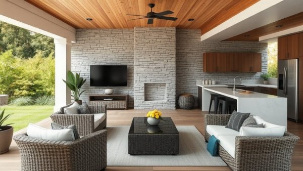 Modern covered patio with kitchenette for year-round outdoor living space