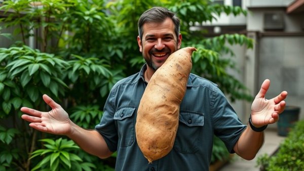 Huge sweet potato held by a man in a garden, vibrant greenery.