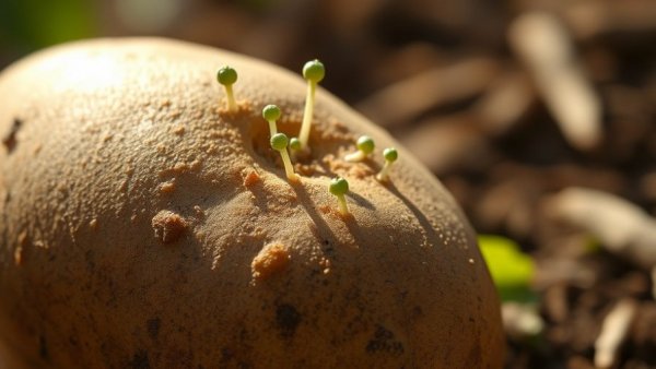 Sprouting potato with green shoots; growing potatoes in a bucket focus.