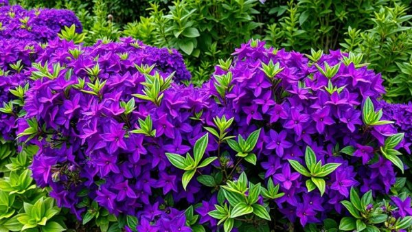 Vibrant shade loving shrubs with purple and blue blooms.