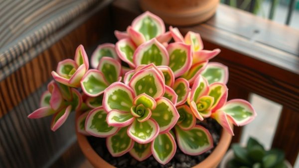 Variegated jade plants in a clay pot on a balcony.