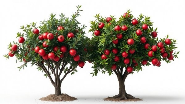 Pruned and lush pomegranate trees displaying growth differences.