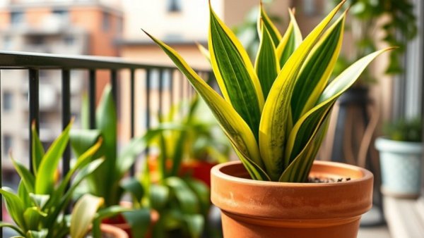 Rare snake plant with lush foliage on a balcony, vibrant and detailed.