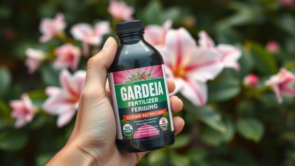 Close-up of bloom boosting Gardenia Fertilizer bottle in hand.