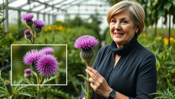 Woman in greenhouse displaying globe thistle, perfect perennial for summer bouquets.