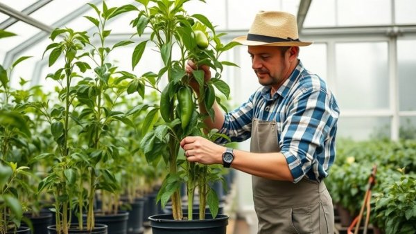 Gardener pruning pepper plant in greenhouse, showing branches.