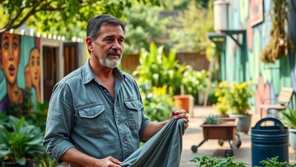 Casually dressed man demonstrating pest-proofing in a garden with hardware cloth.