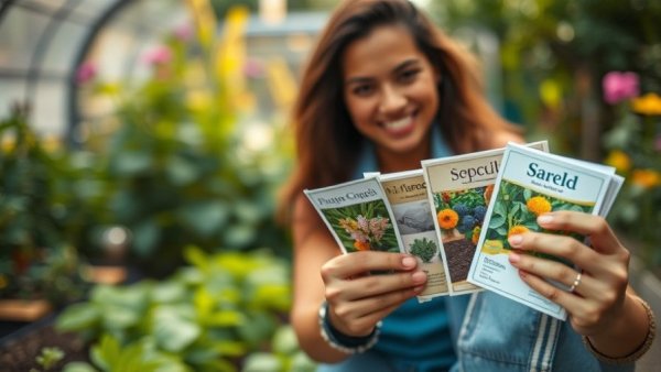 Gardener holding seed packets for April planting, garden tips.