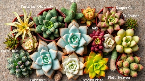 Unique succulents for balcony gardening, labeled species collection.