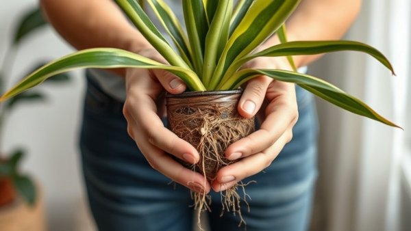 Snake plant care tips for May with visible roots and repotting advice.