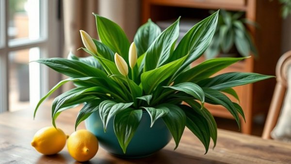 Grow Big and Tall Peace Lily in a cozy indoor setting with a lemon.