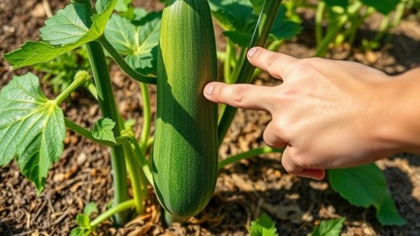 Close-up of vertical zucchini plant with hand in garden.