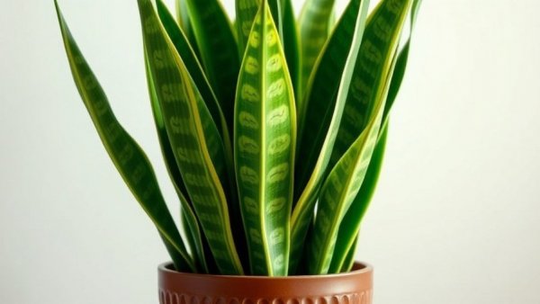Variegated Snake Plants with tall leaves in a pot.