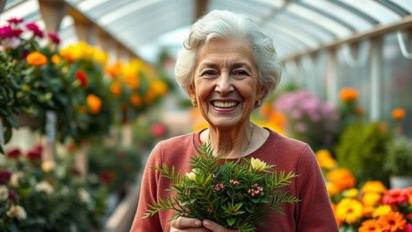Friendly woman with native plants in Vancouver garden center, vibrant flowers.
