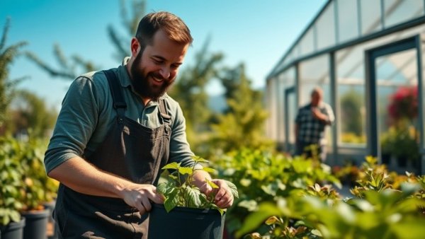 Gardening expert transplanting a plant in a small garden setup