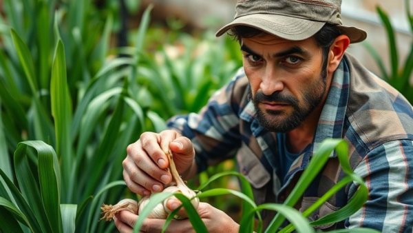 Gardener harvesting garlic in small urban garden, capturing precision.