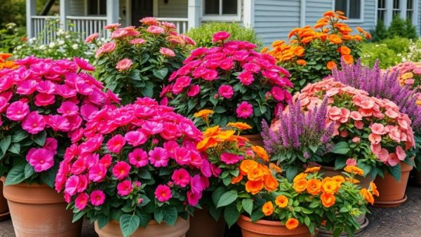 Vibrant flowering shrubs in containers for gardening tips.