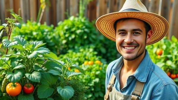 Urban gardening success with smiling gardener in lush vegetable garden.
