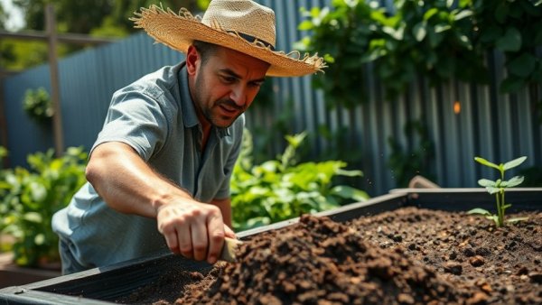 Man gardening with a shovel in raised bed, small space.