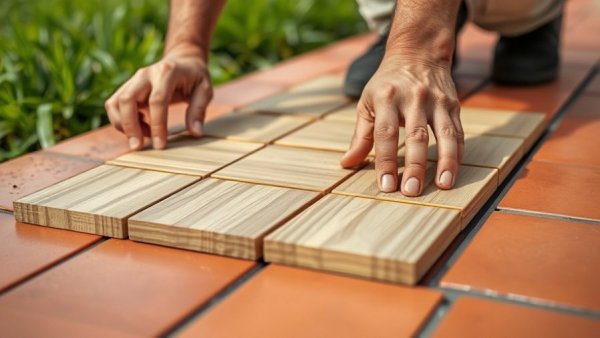 Close-up of easy tile installation on red tiles, budget-friendly upgrade.