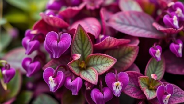 Blooming purple heart plant with pink flowers in garden.