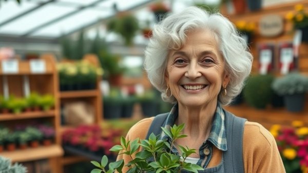 Cheerful woman holding cool-weather crops in a garden center.