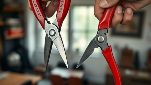 Close-up of two pairs of red-handled pliers held together.