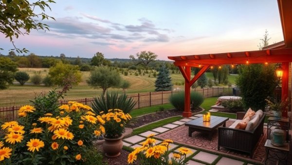 Charming backyard showing hardscape vs softscape balance with pergola and flowers.