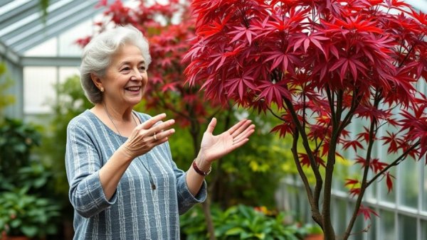 Japanese maples in Vancouver gardens with a smiling woman in a greenhouse.